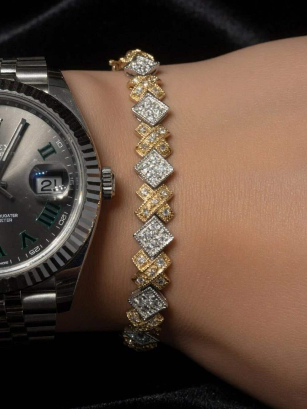 Two tone Sterling Silver Cloister Link Bracelet, yellow Gold Plated w Cz stones